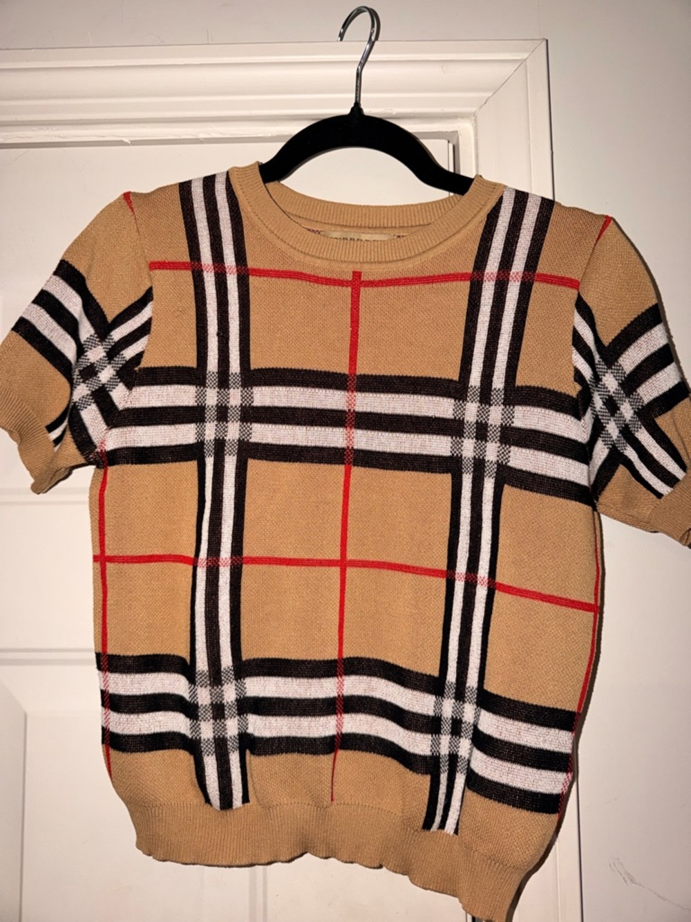 Burberry Classic Plaid Short-Sleeve Knit Top - Camel